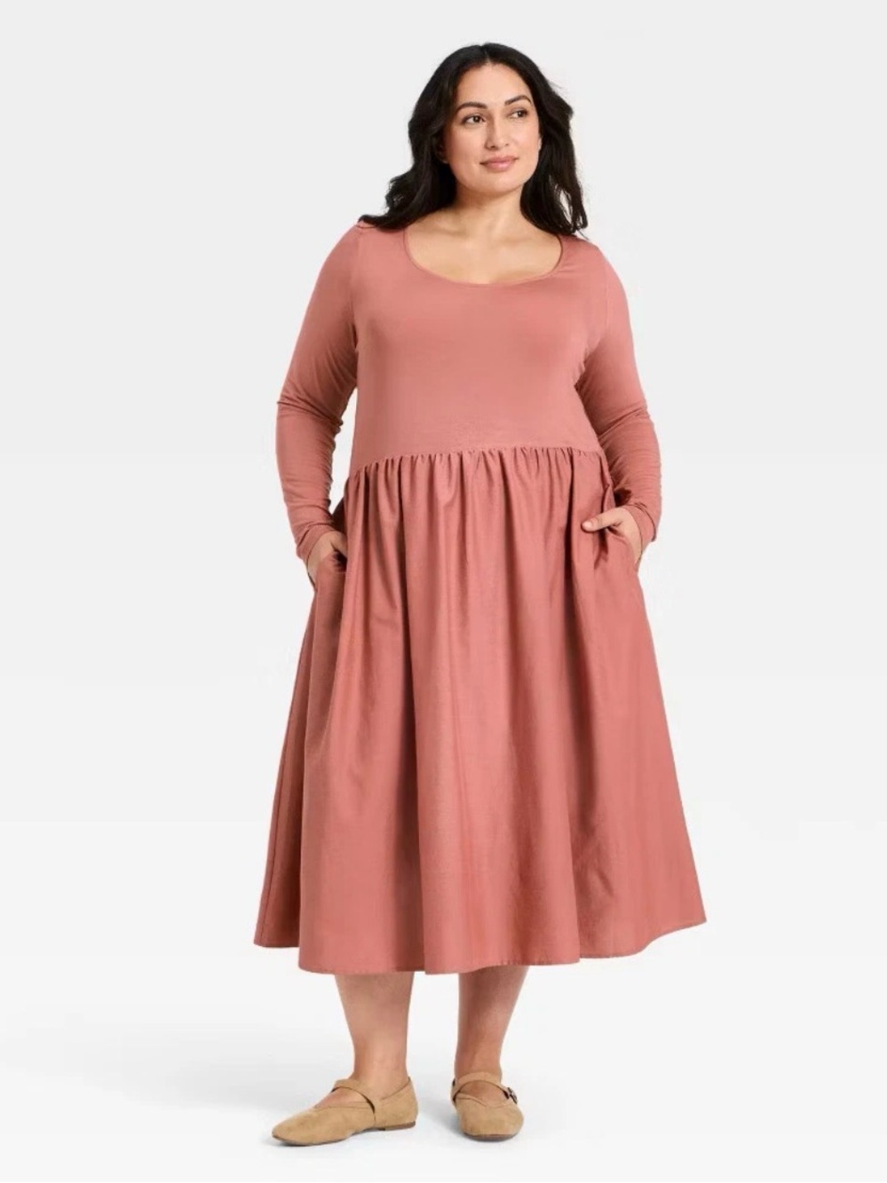 Ava & Viv long sleeves scoop neck pockets midi dress in mauve plus size 3X new